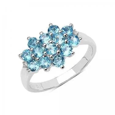 Sky blue and white topaz designer ring in sterling silver with rhodium plating
