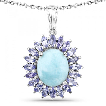 Gorgeous Womens White Gold Rhodium Over Sterling Silver Larimar and Tanzanite 18 Inch Designer Necklace