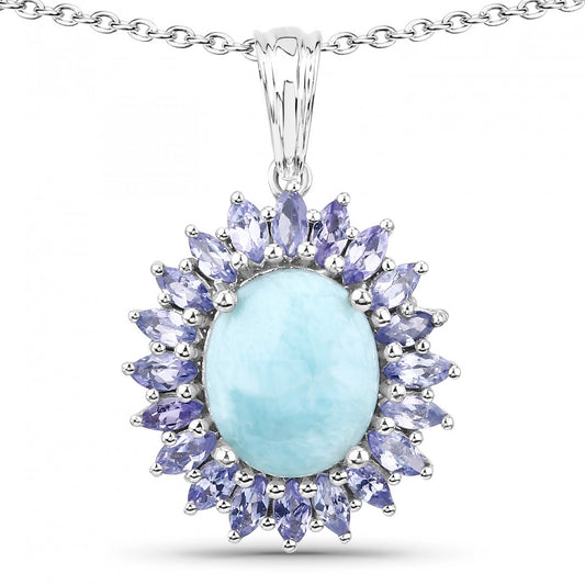 Gorgeous Womens White Gold Rhodium Over Sterling Silver Larimar and Tanzanite 18 Inch Designer Necklace