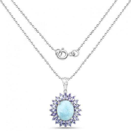 Gorgeous Womens White Gold Rhodium Over Sterling Silver Larimar and Tanzanite 18 Inch Designer Necklace