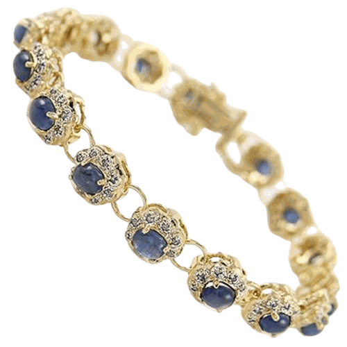 18K yellow gold diamond and sapphire bracelet with deep blue oval sapphires and round diamonds