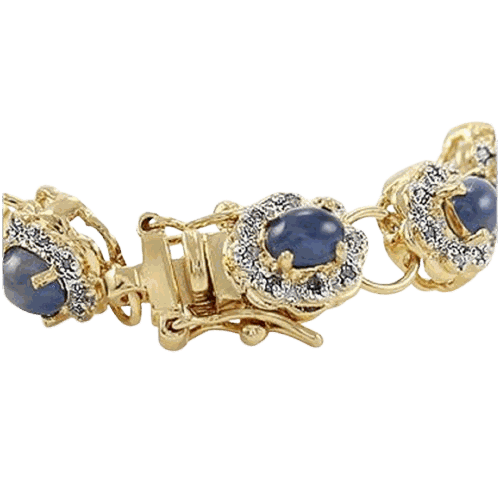 18K yellow gold plated sterling silver diamond and sapphire bracelet with deep blue oval sapphires and round diamonds, 7.8 inches long