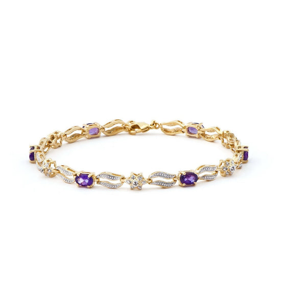 Elegant 8-inch 18K yellow gold plated diamond and amethyst bracelet with oval-cut purple stones and round diamonds