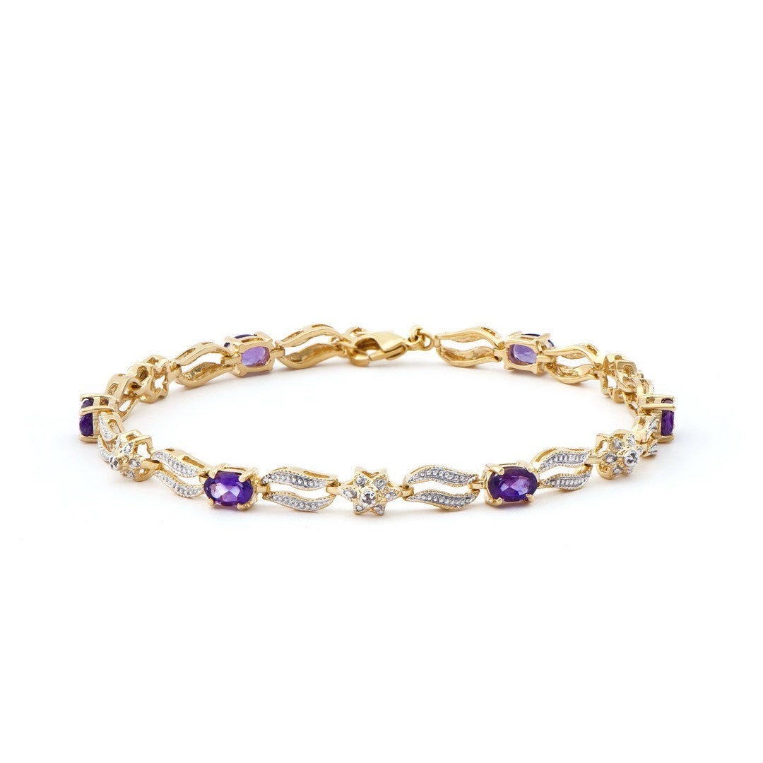 Elegant 8-inch 18K yellow gold plated diamond and amethyst bracelet with oval-cut purple stones and round diamonds