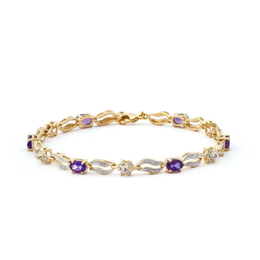 Elegant 8-inch 18K yellow gold plated diamond and amethyst bracelet with oval-cut purple stones and round diamonds