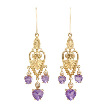 Beautiful Women’s 18K Gold Amethyst & Diamond Victorian Heart Earrings