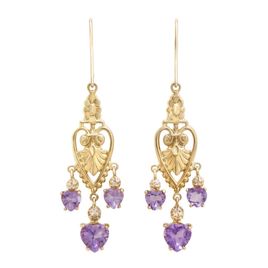 Beautiful Women’s 18K Gold Amethyst & Diamond Victorian Heart Earrings