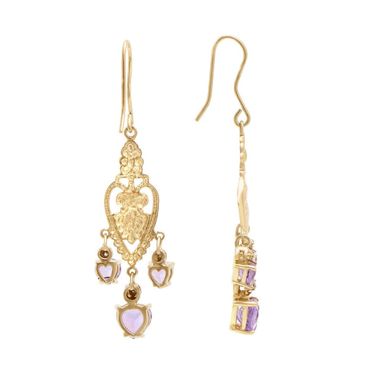Beautiful Women’s 18K Gold Amethyst & Diamond Victorian Heart Earrings