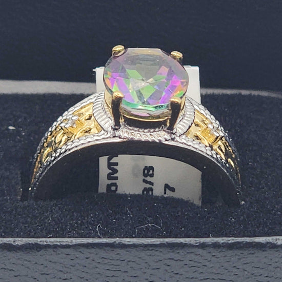 Gorgeous women’s 14K yellow gold plated sterling silver ring with 3.25 CTW mystic topaz and sparkling diamonds, size 7