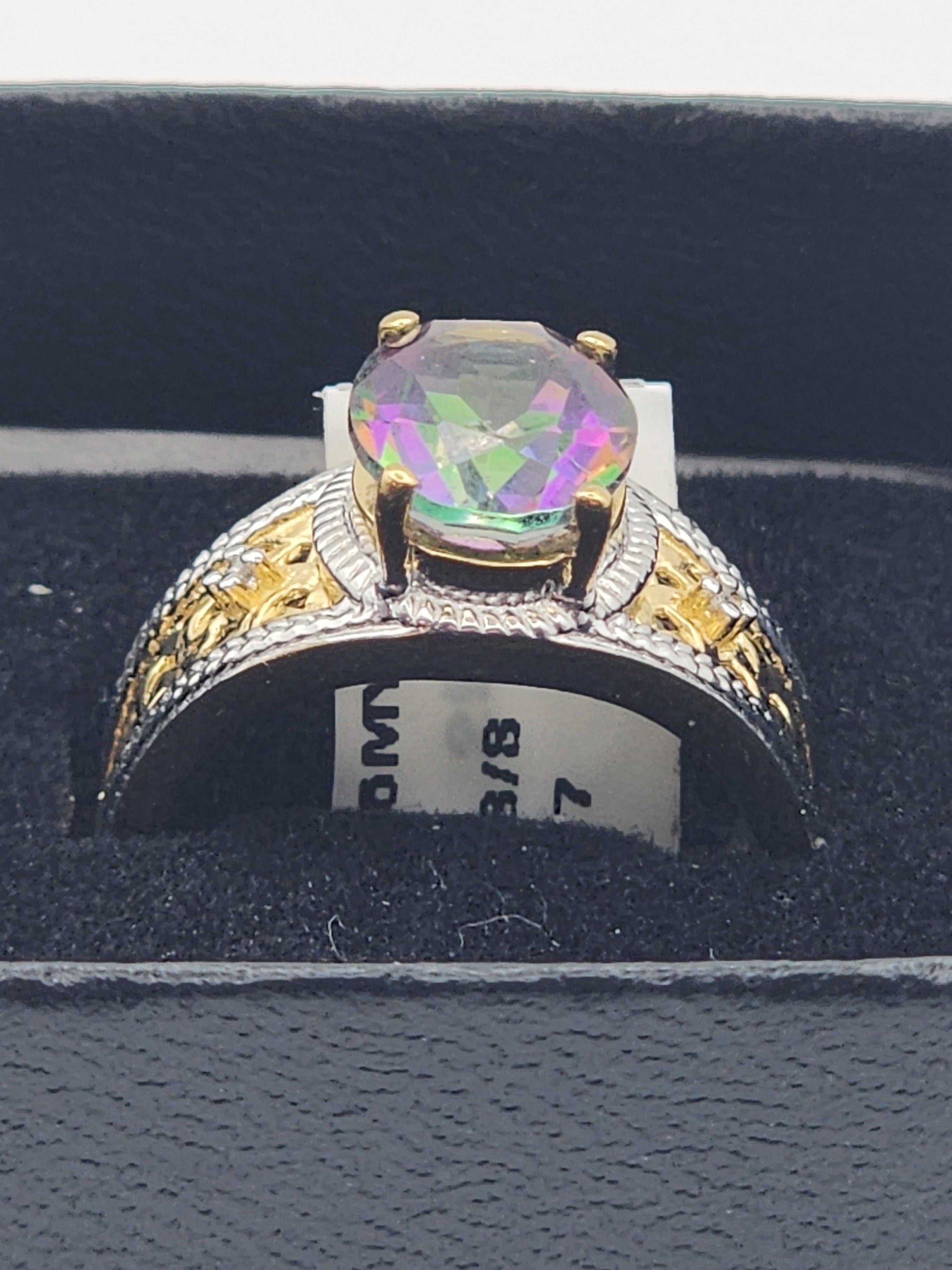 Gorgeous women’s 14K yellow gold plated sterling silver ring with 3.25 CTW mystic topaz and sparkling diamonds, size 7