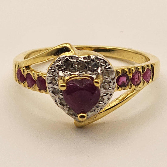 Women’s 14K gold over silver heart ring with ruby and diamond accents, size 7