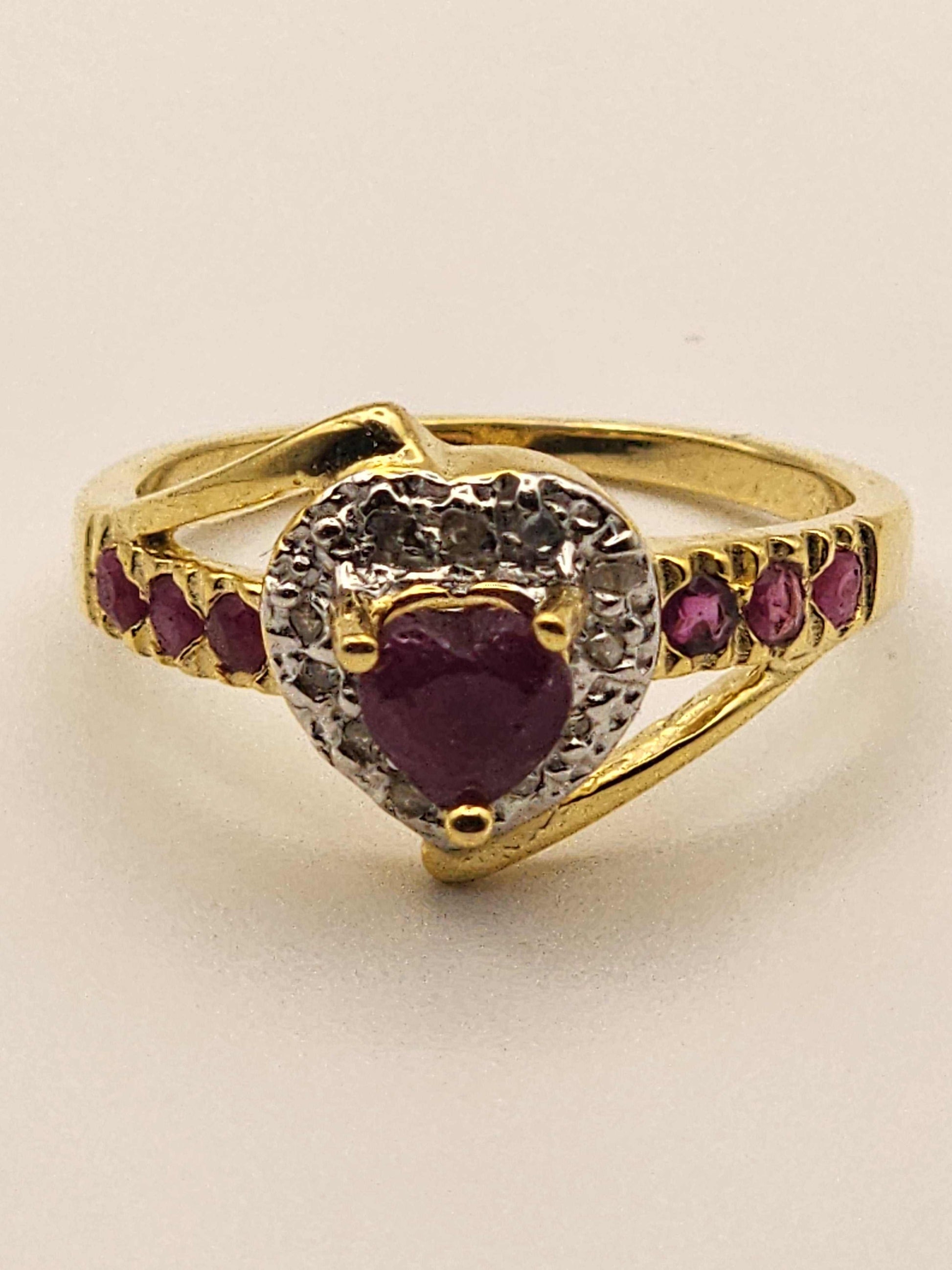 Women’s 14K gold over silver heart ring with ruby and diamond accents, size 7