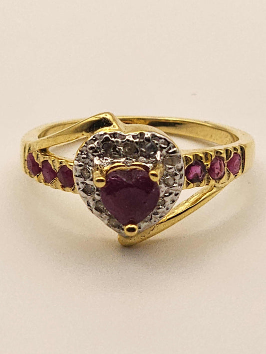 Women’s 14K gold over silver heart ring with ruby and diamond accents, size 7