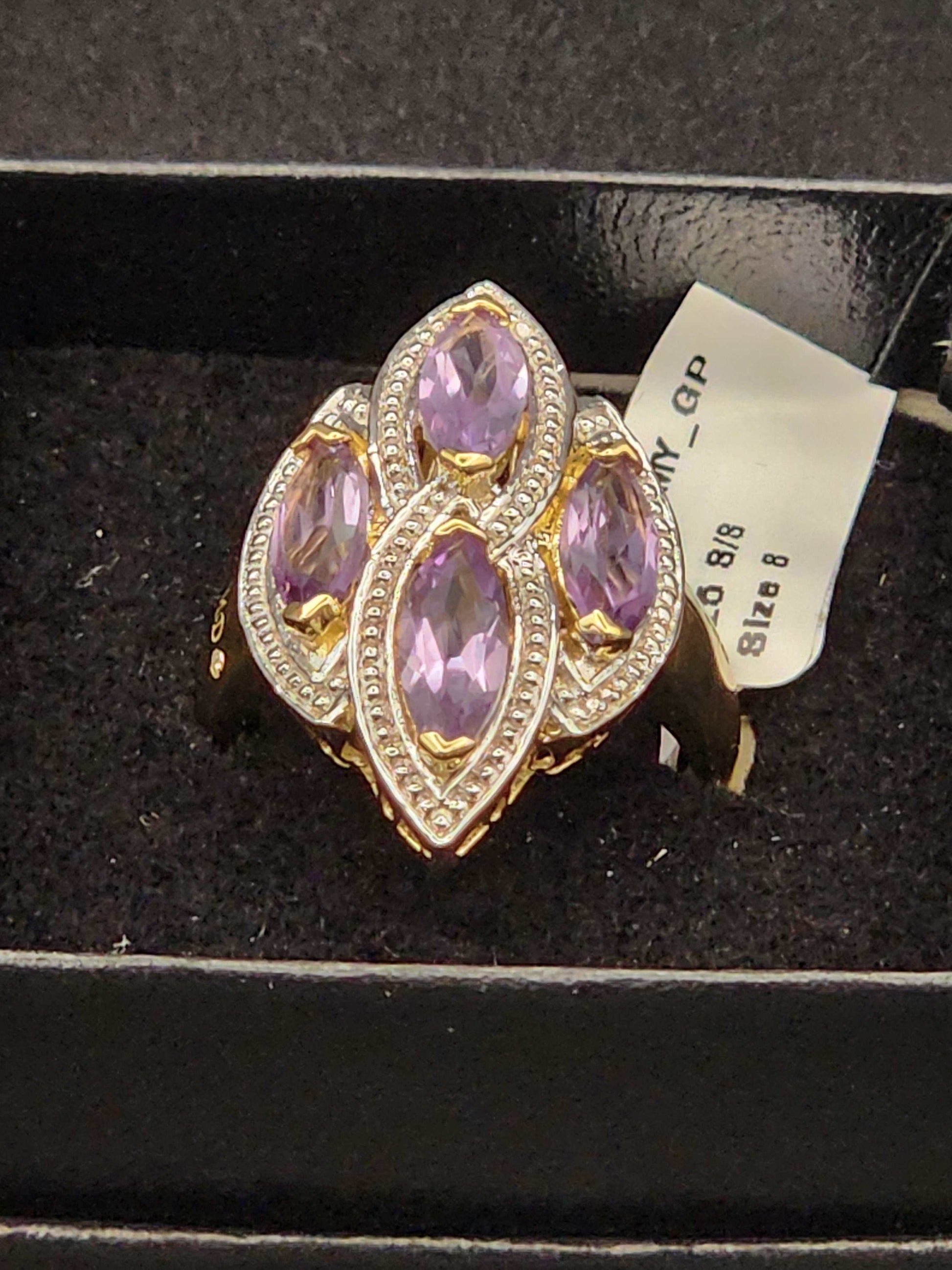 Marquise amethyst Marcel Drucker designer ring in 14K yellow gold plating, size 8