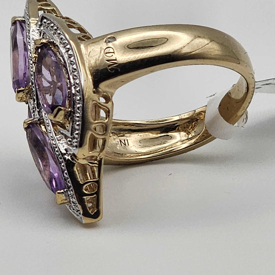 Marquise amethyst ring size 8 by Marcel Drucker, 14K gold plated sterling silver with diamonds