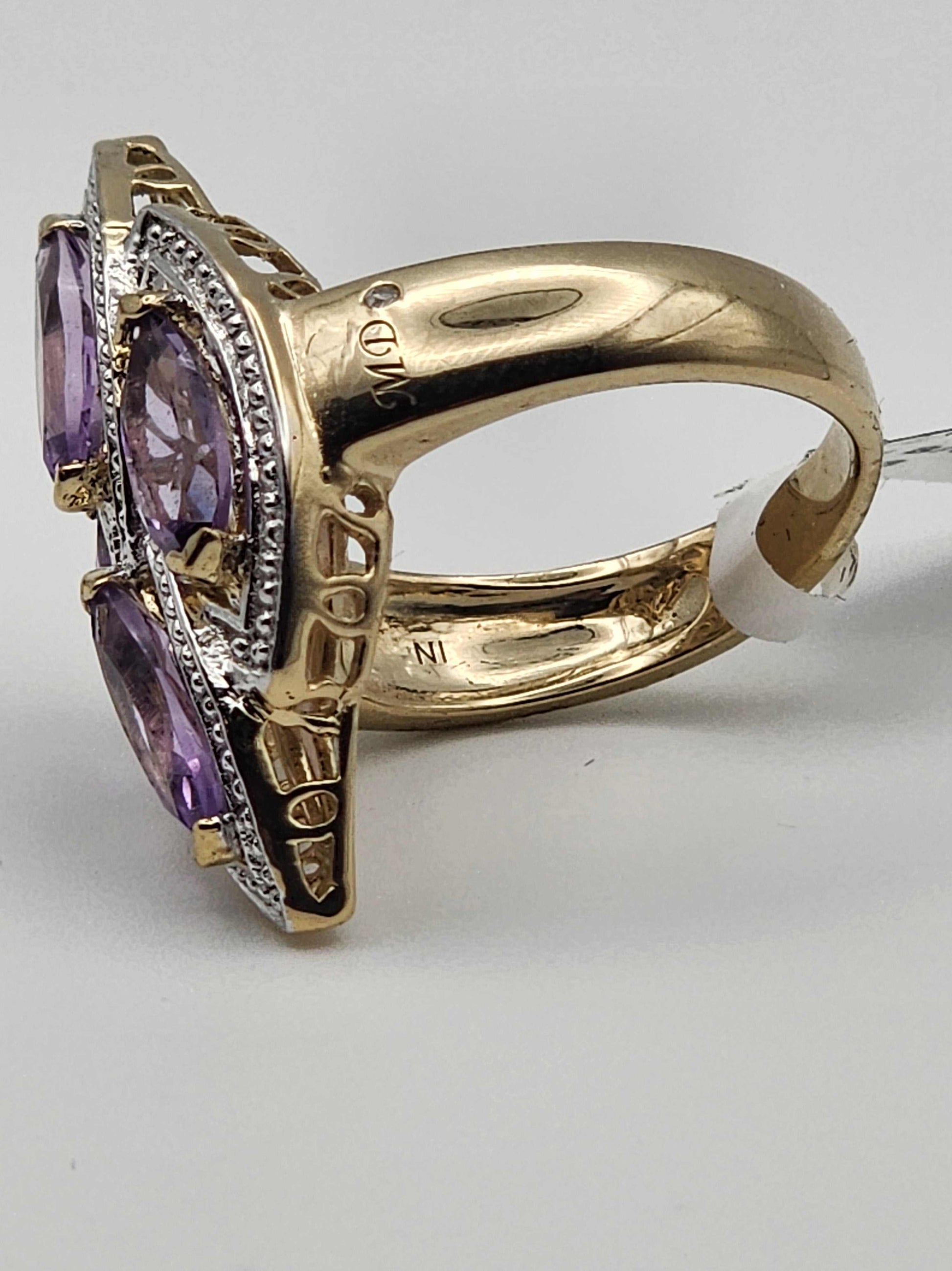 Marquise amethyst ring size 8 by Marcel Drucker, 14K gold plated sterling silver with diamonds