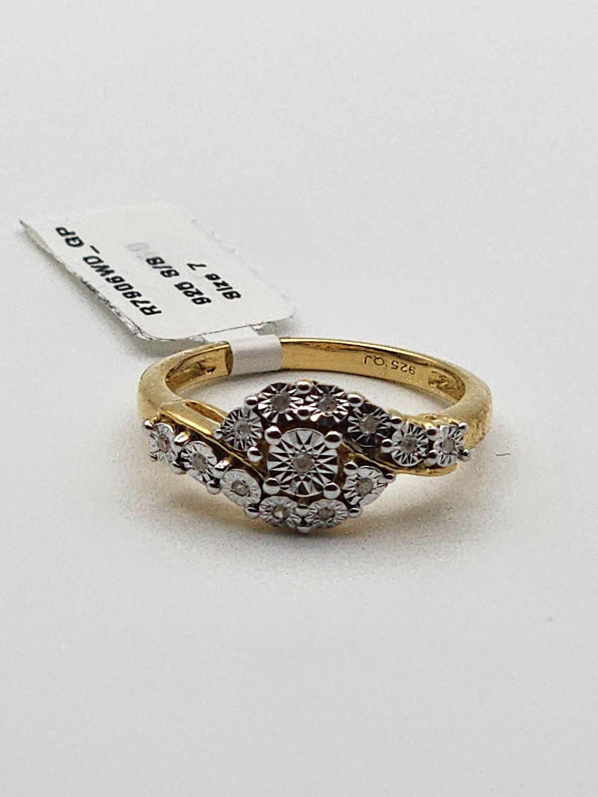 14K yellow gold over solid sterling silver diamond ring with round cut diamonds size 7