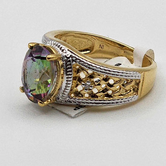 Gorgeous women’s 14K yellow gold plated sterling silver ring with 3.25 CTW mystic topaz and diamond accents, size 7