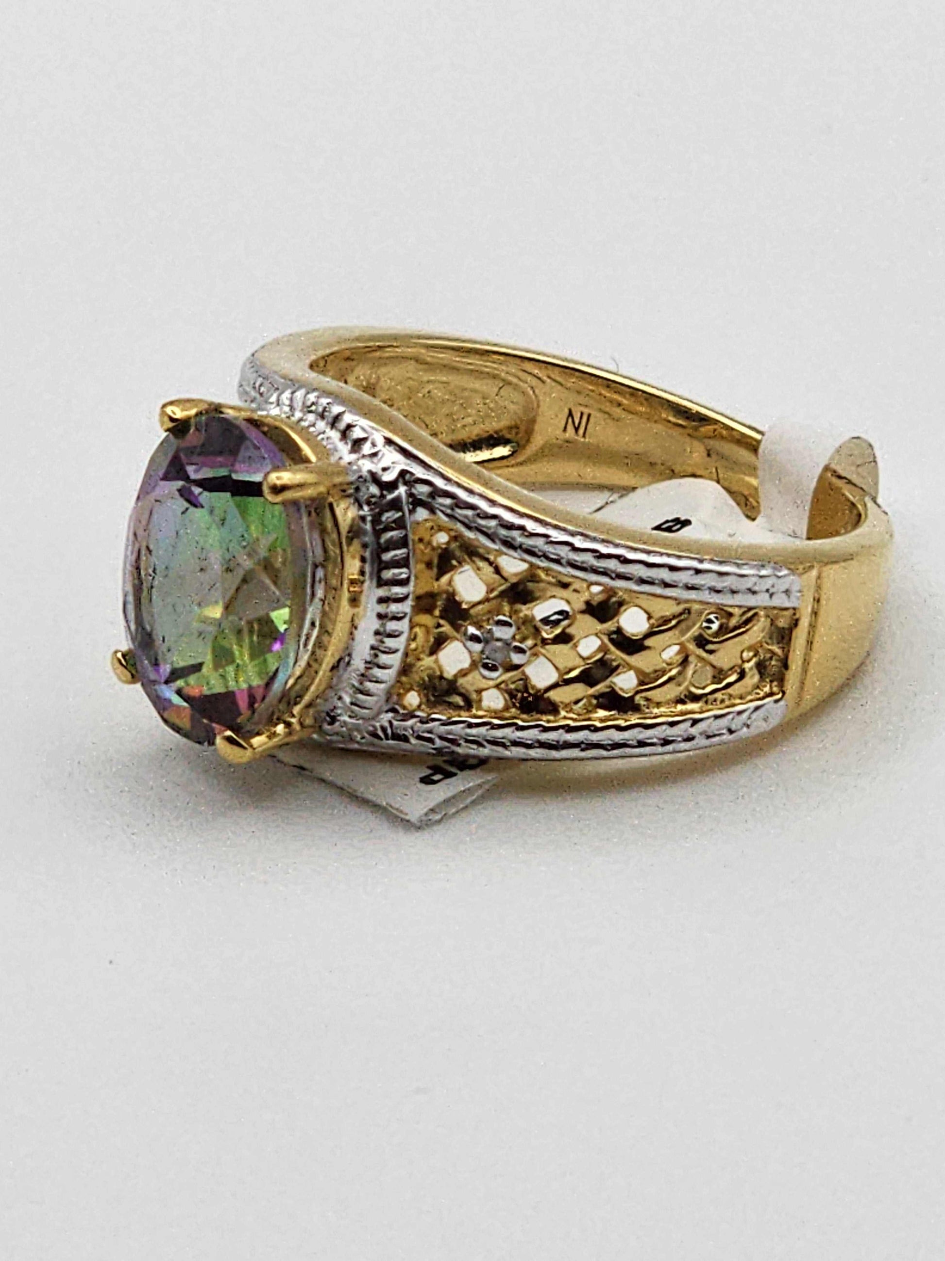 Gorgeous women’s 14K yellow gold plated sterling silver ring with 3.25 CTW mystic topaz and diamond accents, size 7