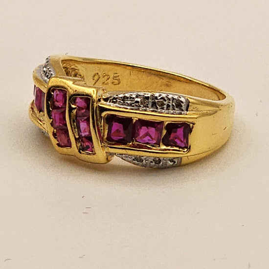 Gorgeous womens ring with 2.5 CTW emerald cut ruby and 12 diamonds in 14K yellow gold layered sterling silver size 7