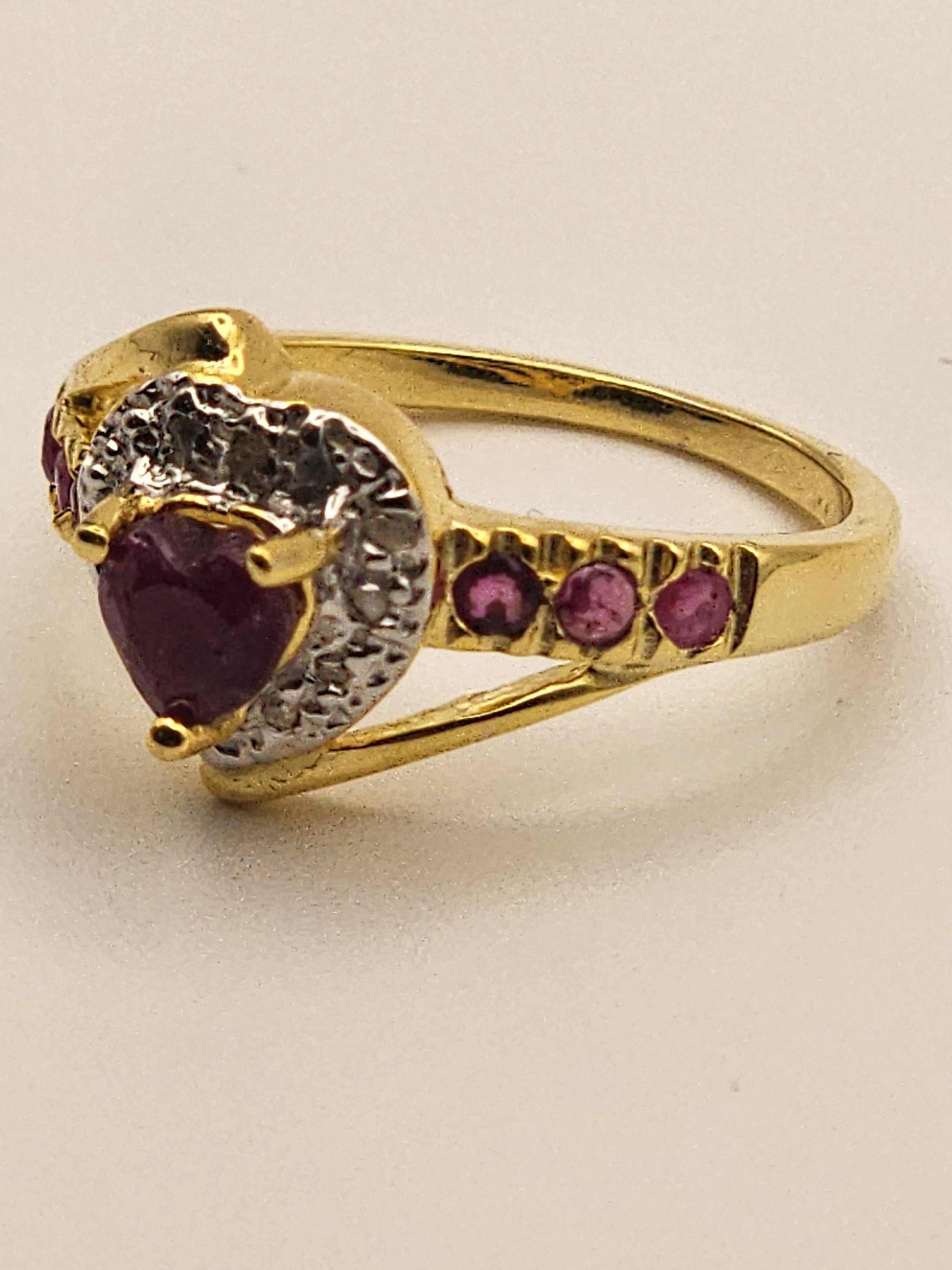 Women’s 14K gold over silver heart ring with rubies and diamonds, size 7