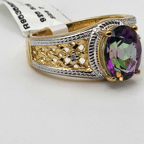 Gorgeous women’s 14K yellow gold plated sterling silver ring with 3.25 CTW mystic topaz and sparkling diamonds, size 7