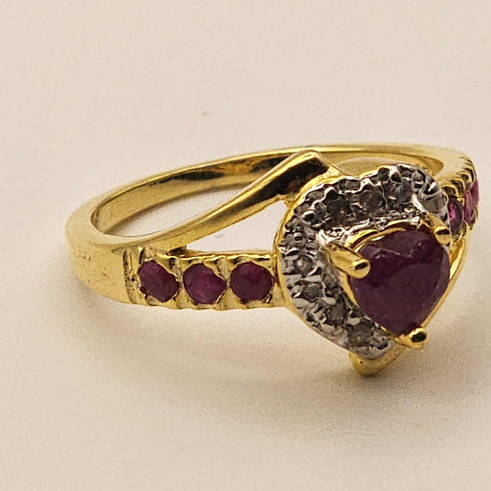 Women’s 14K gold over silver heart ring with ruby and diamond accents, size 7