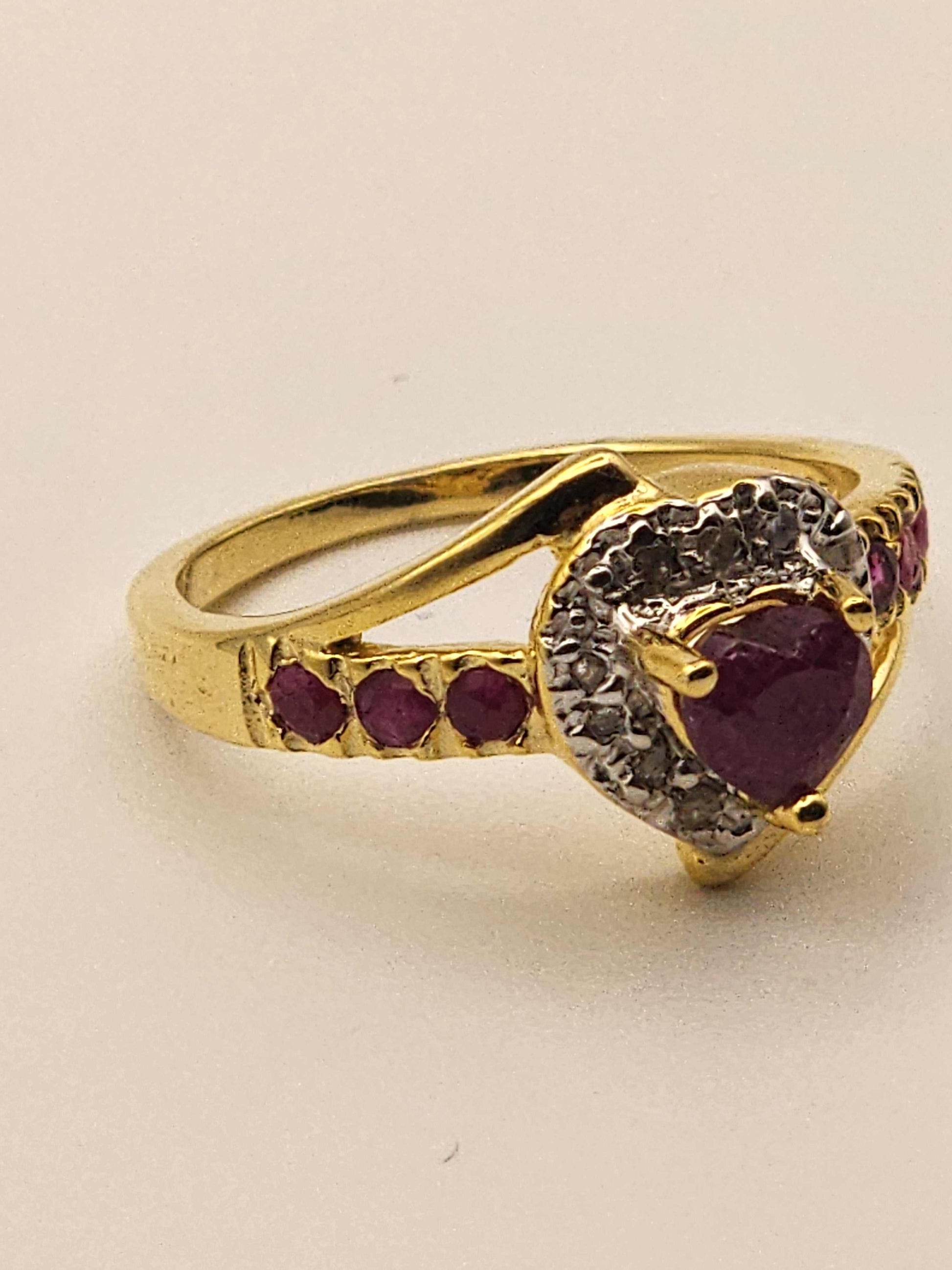 Women’s 14K gold over silver heart ring with ruby and diamond accents, size 7