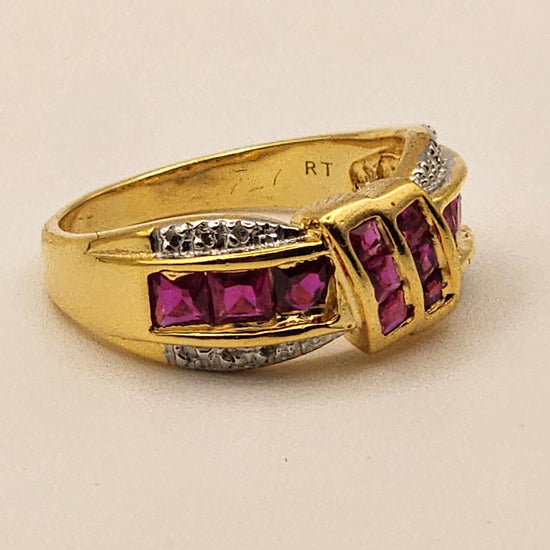 Gorgeous womens ring with 2.50 CTW ruby and diamonds in 14K gold layered sterling silver