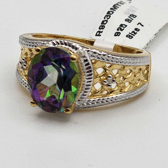 Gorgeous women’s 14K yellow gold plated sterling silver ring with 3.25 CTW mystic topaz and diamonds, size 7