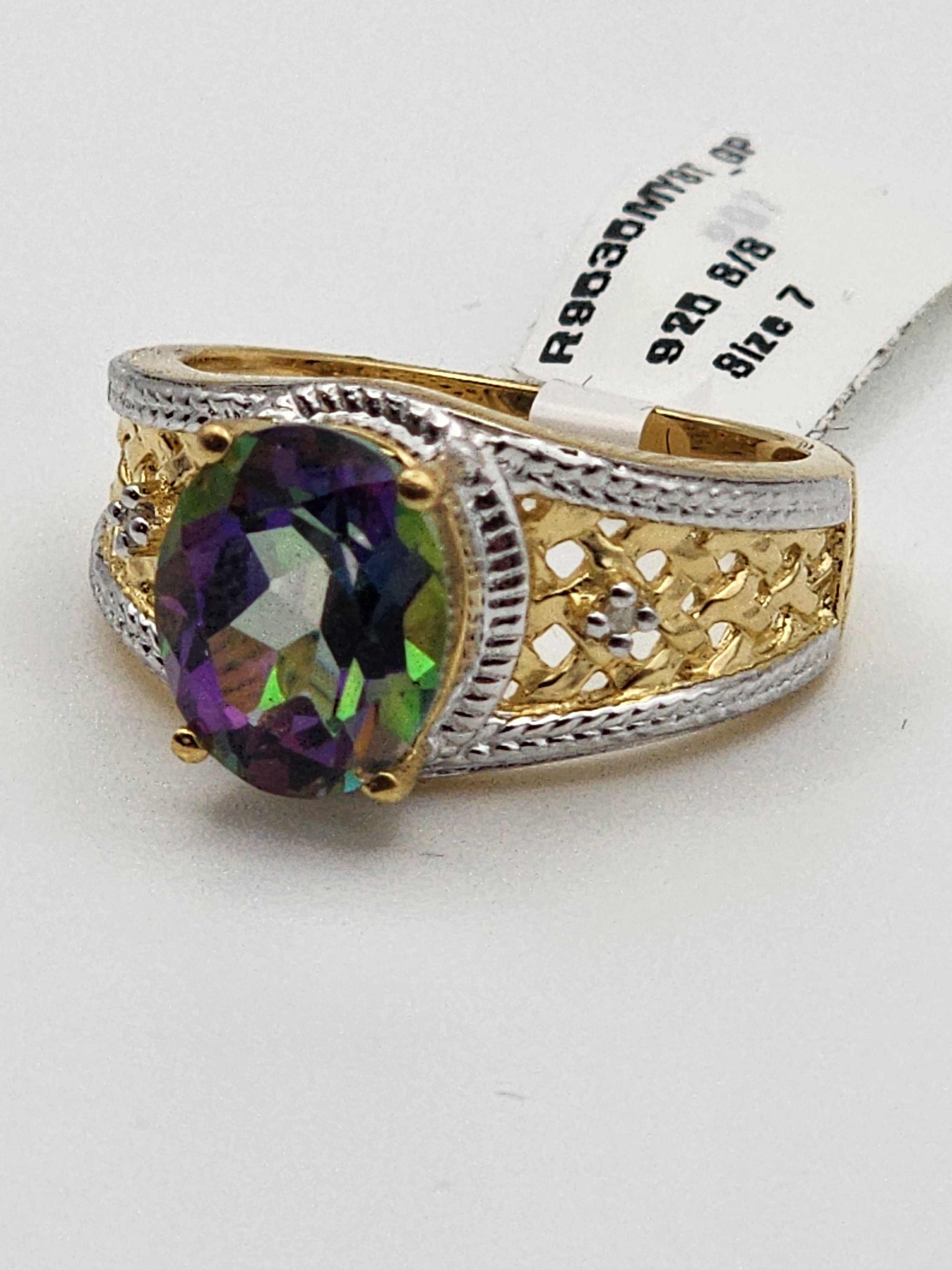 Gorgeous women’s 14K yellow gold plated sterling silver ring with 3.25 CTW mystic topaz and diamonds, size 7