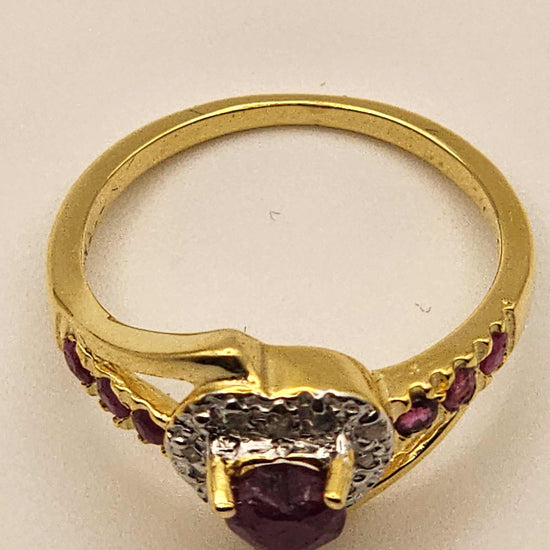 Women’s 14K gold over silver heart ring with ruby and diamond accents, size 7