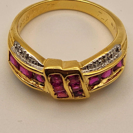 Gorgeous womens ring with 2.5 CTW emerald cut ruby and diamonds in 14K gold plated sterling silver, size 7