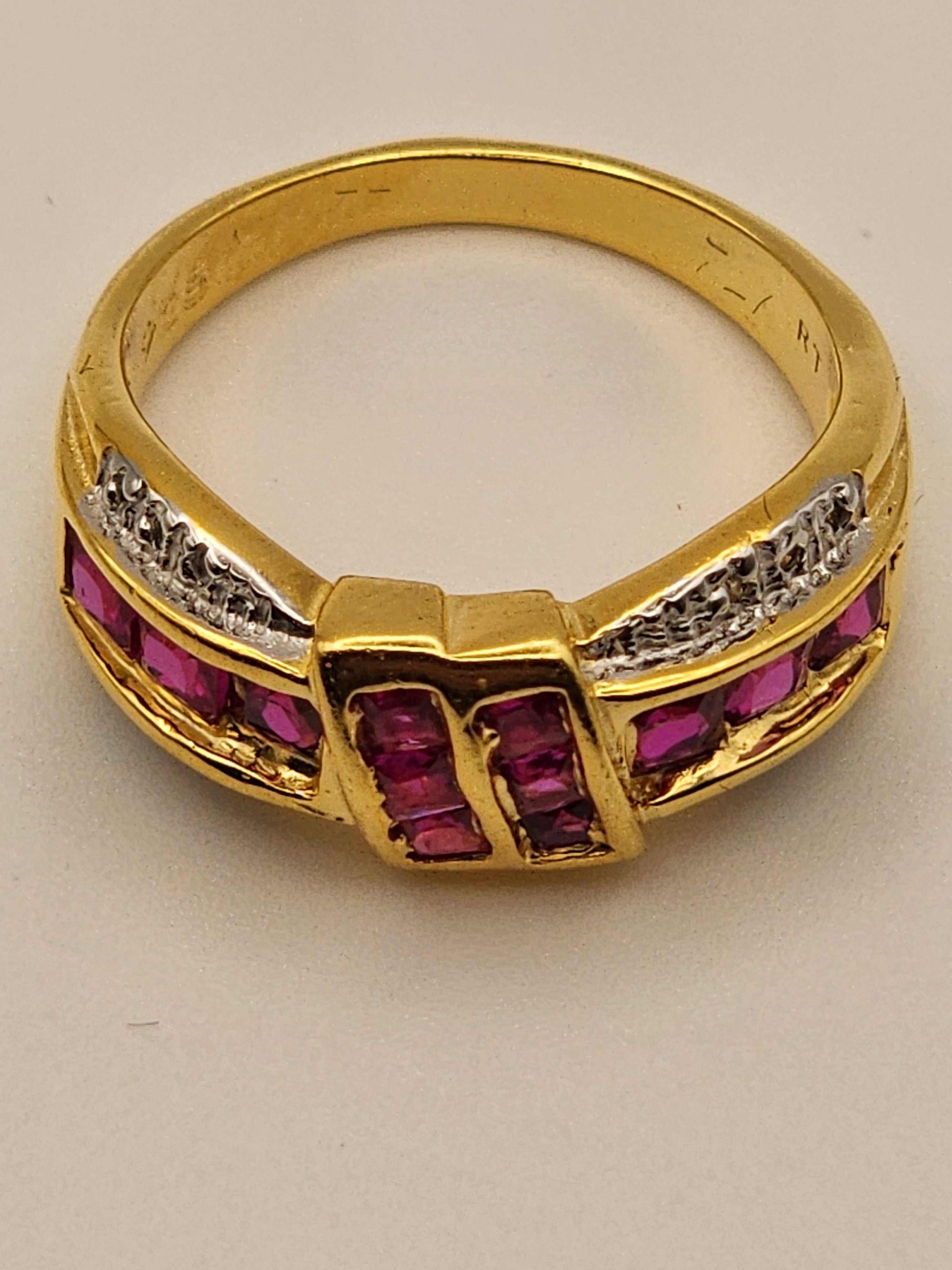 Gorgeous womens ring with 2.5 CTW emerald cut ruby and diamonds in 14K gold plated sterling silver, size 7
