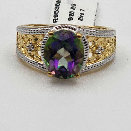 Gorgeous women’s 14K yellow gold plated sterling silver ring with 3.25 CTW mystic topaz and diamond accents, size 7