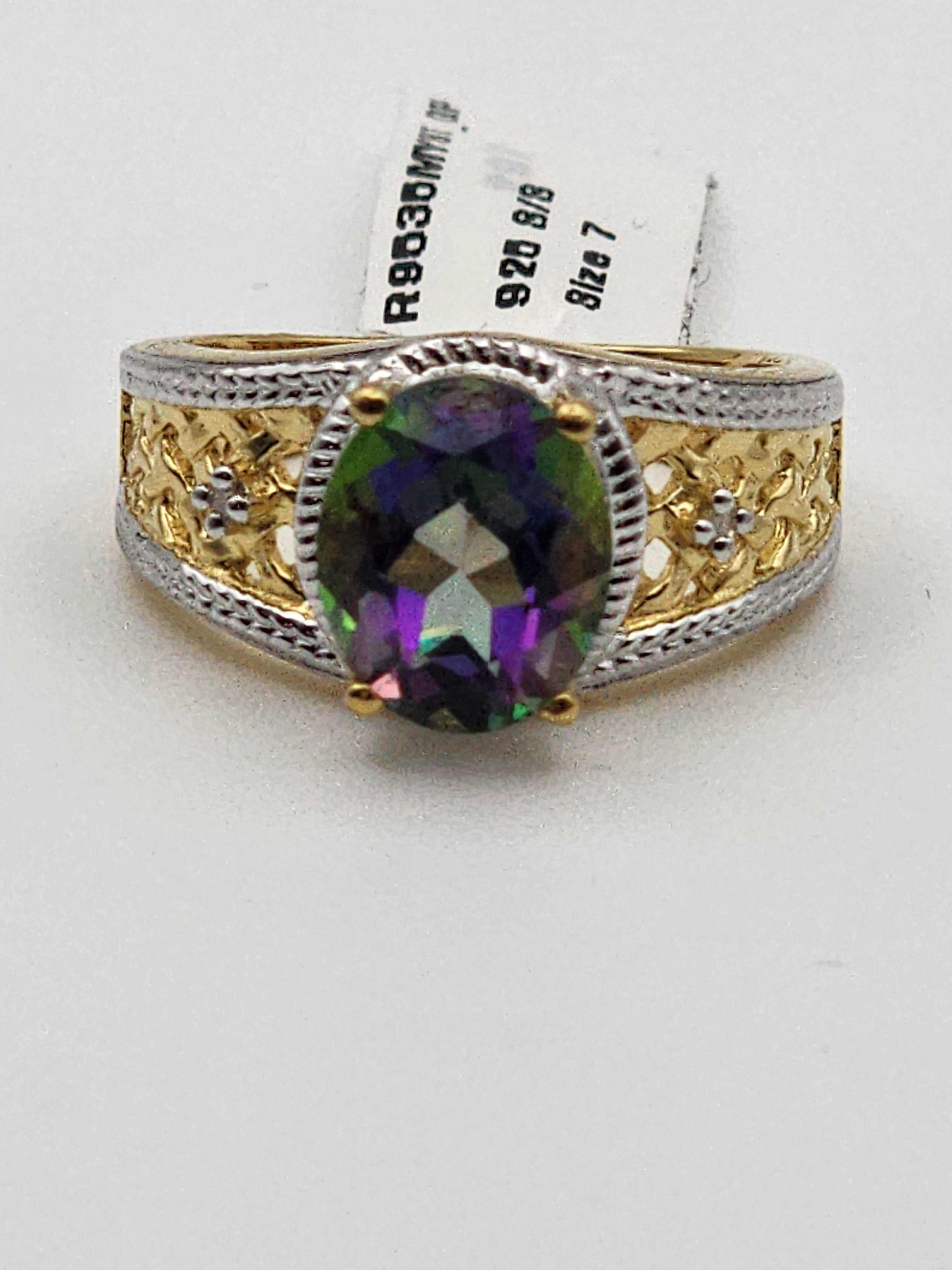 Gorgeous women’s 14K yellow gold plated sterling silver ring with 3.25 CTW mystic topaz and diamond accents, size 7