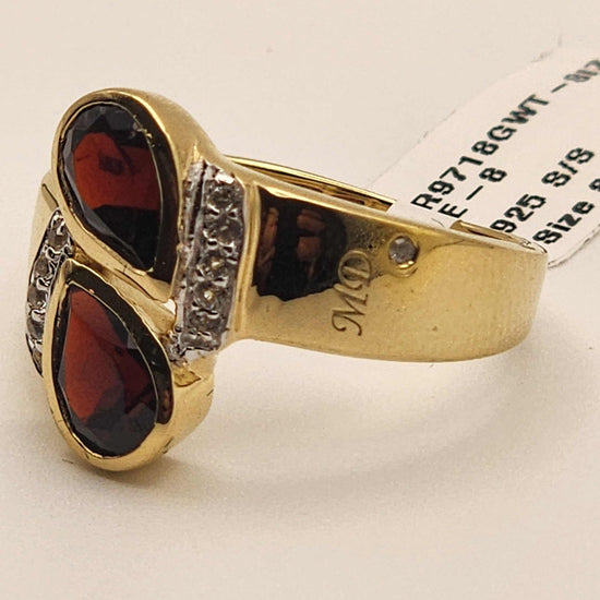 Marcel Drucker designer ring with 1.7 CTW garnet, diamonds, and topaz in 14K yellow gold over sterling silver, size 8