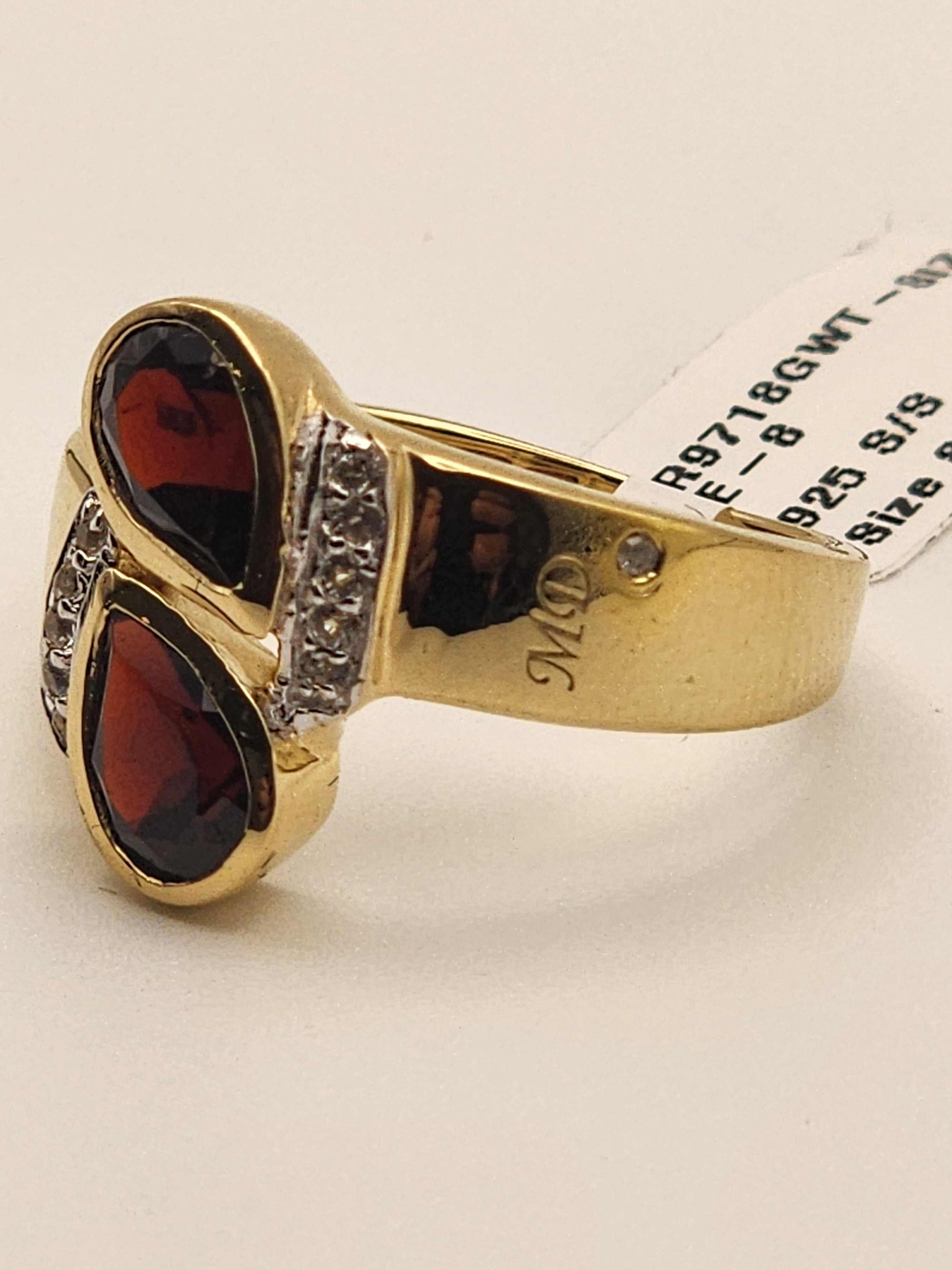 Marcel Drucker designer ring with 1.7 CTW garnet, diamonds, and topaz in 14K yellow gold over sterling silver, size 8