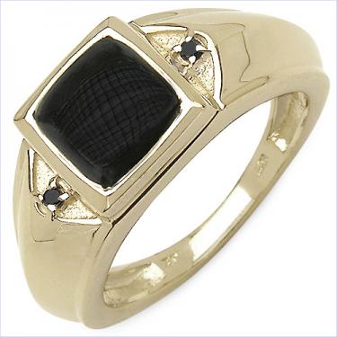 Bold Mens 14K Yellow Gold Over Sterling Silver Black Diamond and Onyx Size 9 Designer Ring