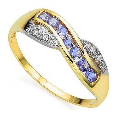 Women's 14K yellow gold plated sterling silver ring with AAA-grade blue tanzanite and near-colorless diamonds, size 7.25