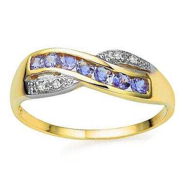 Women’s 14K yellow gold ring with sterling silver, AAA-grade tanzanite, and near-colorless diamonds, size 7.25