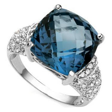 Elegant Womens 14K White Gold Over Sterling Silver 54 Diamonds and 10.0 CTW London Blue Topaz Size 7 Designer Ring