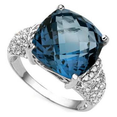Elegant Womens 14K White Gold Over Sterling Silver 54 Diamonds and 10.0 CTW London Blue Topaz Size 7 Designer Ring