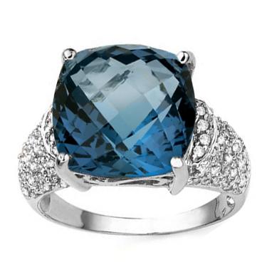 Elegant Womens 14K White Gold Over Sterling Silver 54 Diamonds and 10.0 CTW London Blue Topaz Size 7 Designer Ring