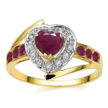 Women’s 14K gold over silver ring with heart-shaped ruby center and diamond accents, size 7