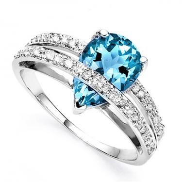 Women’s 14K White Gold Over Silver Swiss Blue Topaz & Diamond Ring – Size 7