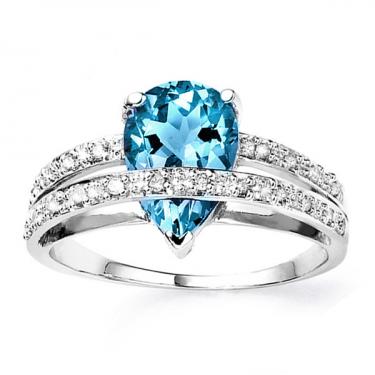 Women’s 14K White Gold Over Silver Swiss Blue Topaz & Diamond Ring – Size 7