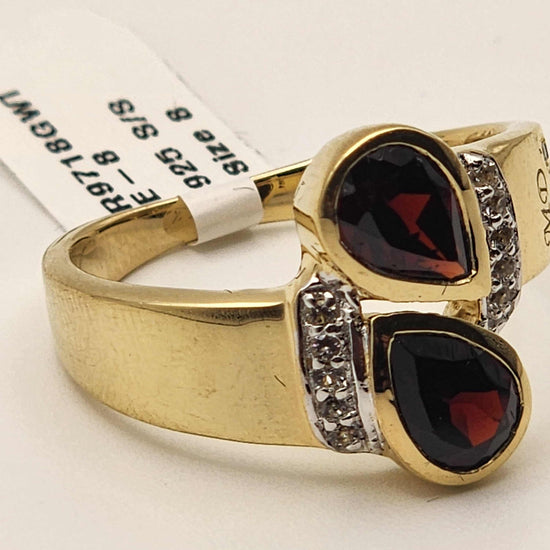 Marcel Drucker designer ring with 1.7 CTW garnet, diamonds, and topaz in 14K yellow gold over sterling silver, size 8