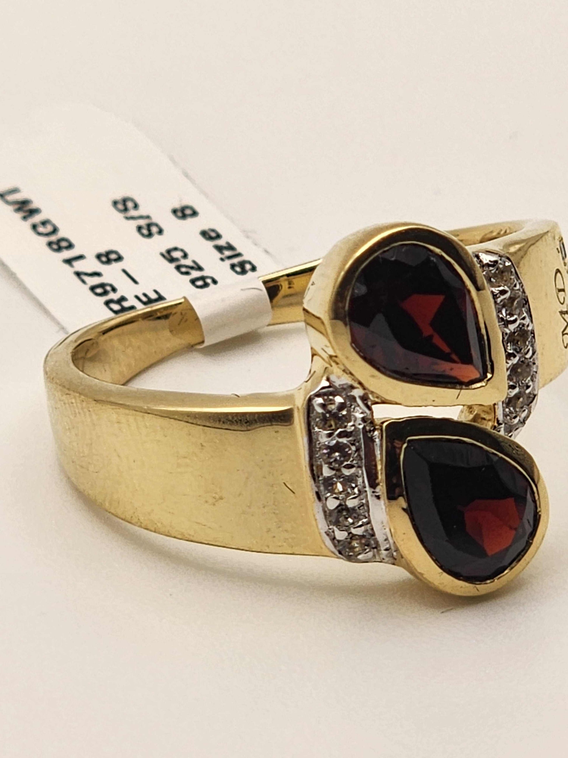 Marcel Drucker designer ring with 1.7 CTW garnet, diamonds, and topaz in 14K yellow gold over sterling silver, size 8
