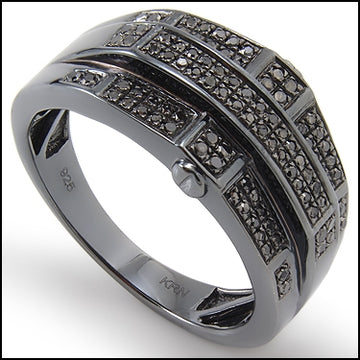 Powerful Mens Black Ion Over Solid Sterling Silver 3/5 CTW Diamonds Size 11 Designer Ring